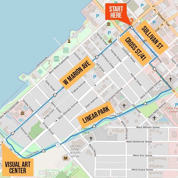 Map identifying walking route from LeRoy’s Southern Kitchen