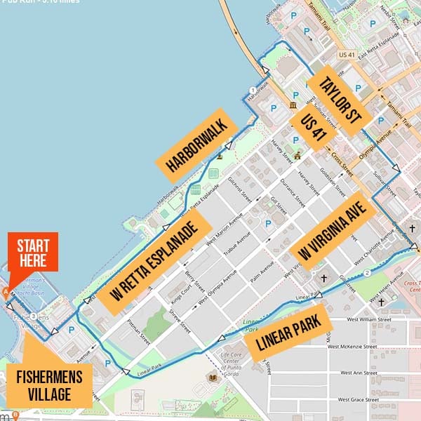 Map identifying running route from Sunset Beach Club Tiki Bar at Fishermens Village