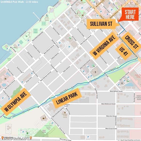 Map identifying walking route from UnWINEd Wine+Beer Bar